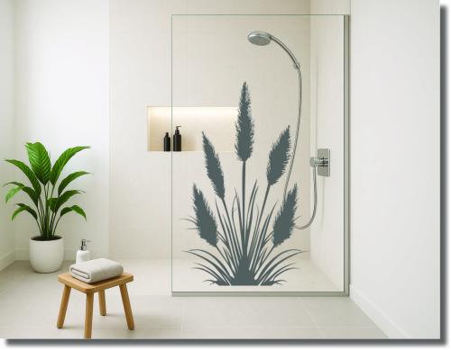 Preview: Selbstklebende Duschfolie mit filigranem Pampasgras-Motiv für stilvollen Sichtschutz an der Glasdusche im modernen Badezimmer.